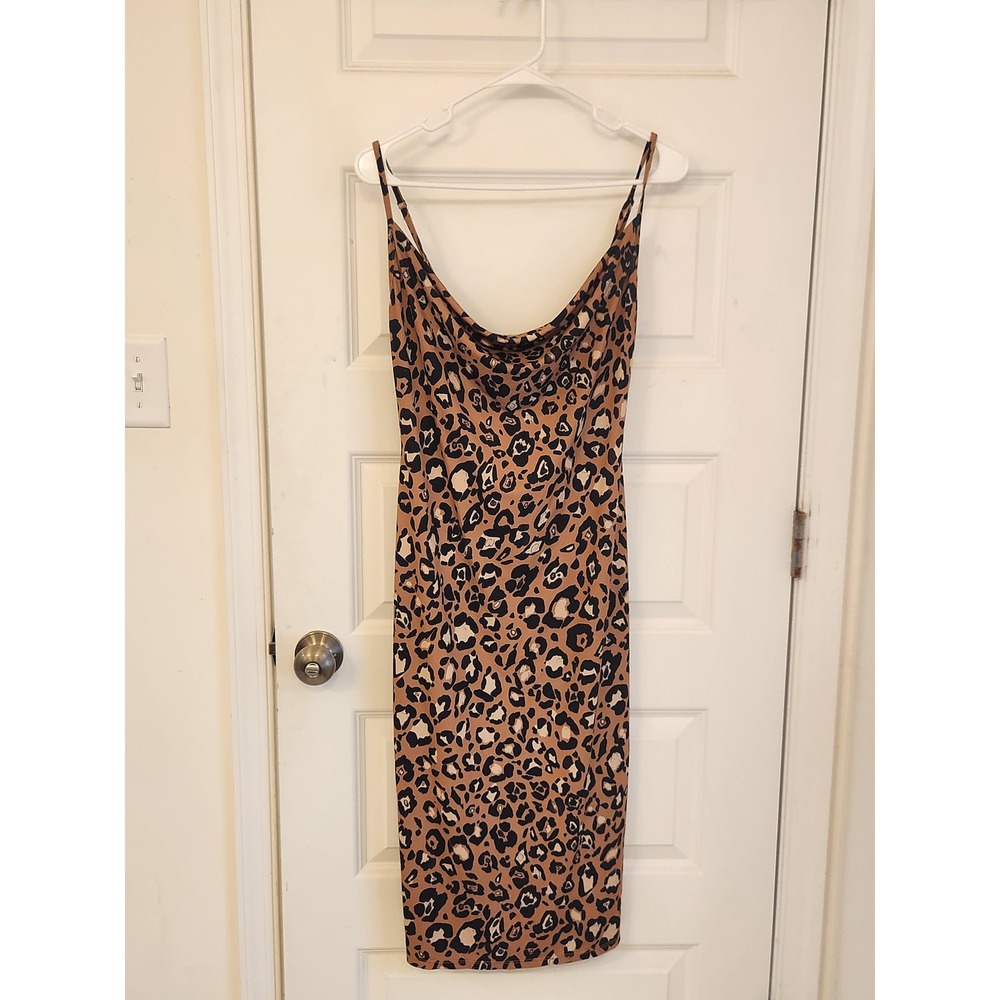 ASOS Leopard Print Scoop Neck Midi Dress Tan Black Animal Print Size US 6